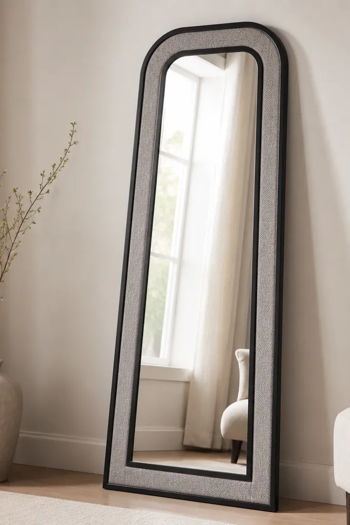 A standing mirror with a fabric border around the backplate, showing a framed edge in black and a soft patterned fabric insert.