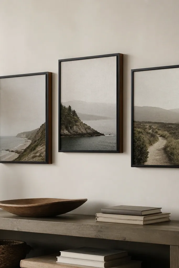 A wall arranged with three 8x10 linen-look prints in matching black frames. Each frame has a thin light-wood spacer between the frame and the wall, creating visible depth. The layout has a slight stagger, and the bottom edge aligns with a console shelf.