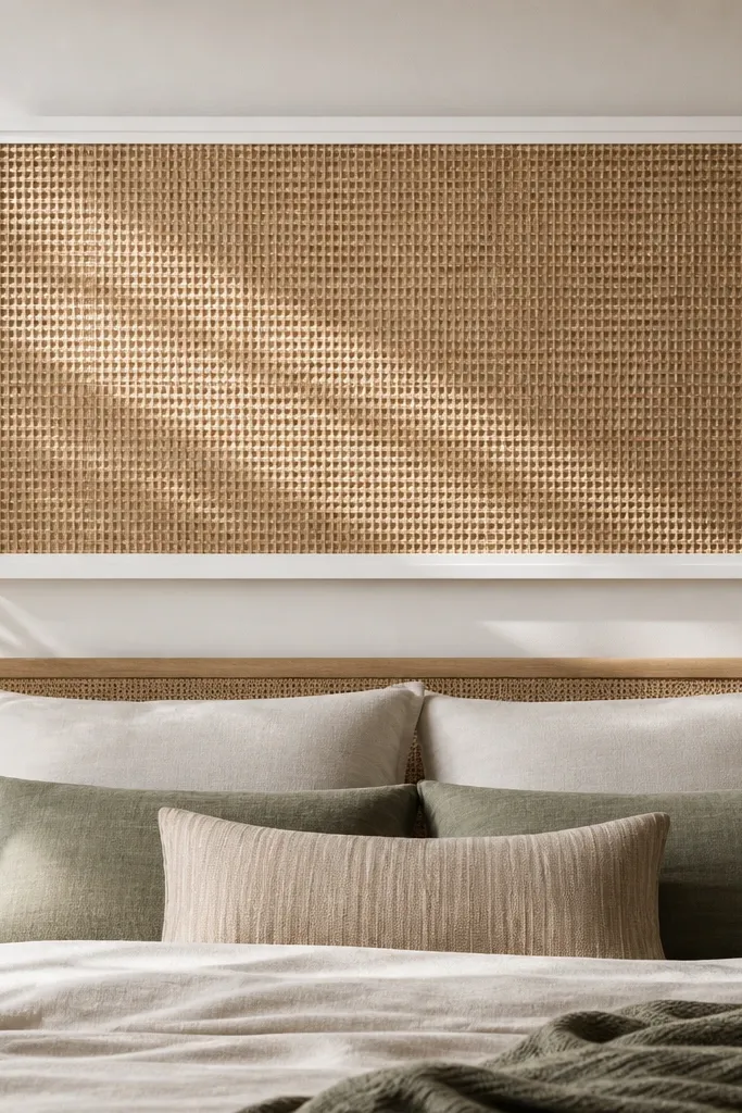 A large rectangular woven panel, like rattan or jute, is framed in a thick white frame. It sits above a bed, centered, with the frame spanning close to the width of the headboard. The weave catches light and casts a soft shadow.