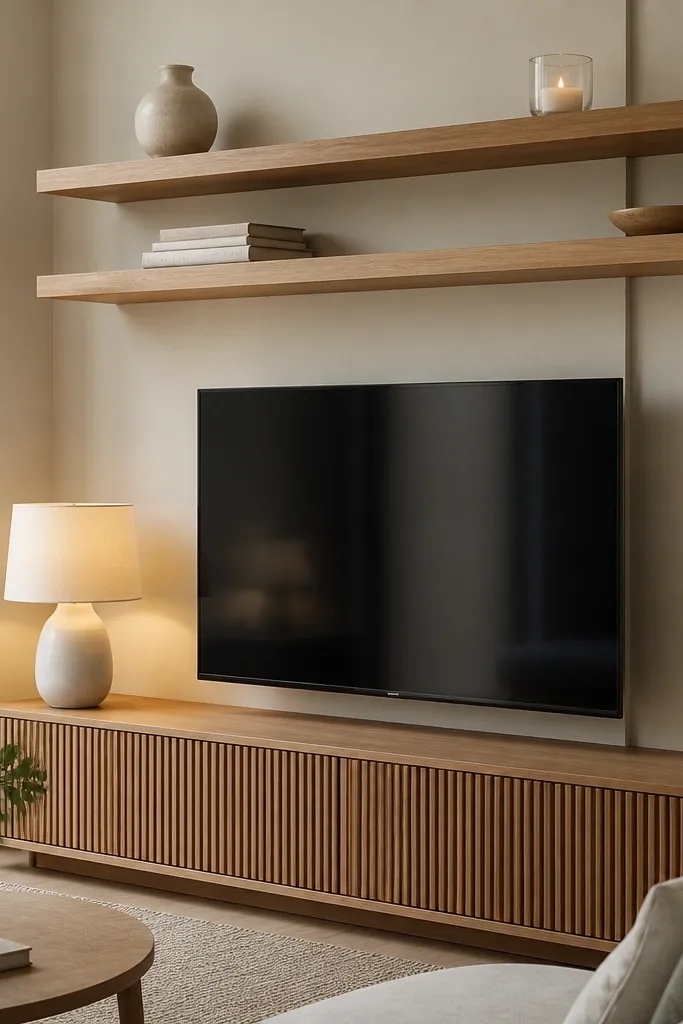 A pair of floating shelves in warm oak tone are mounted above a media console. A thin channel behind the shelf hides TV and lamp cords. Small decor items sit on top: a ceramic vase, a book stack, and a candle in a glass holder.
