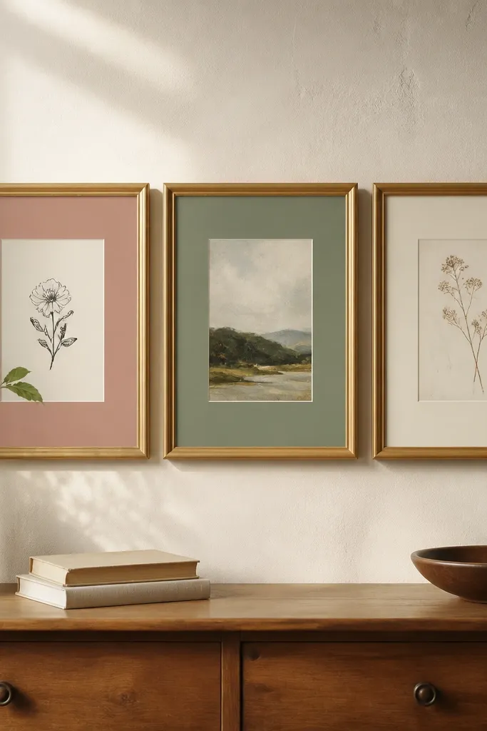 Three thrifted gold frames hold simple art. Each frame has a custom colored mat behind the print: one is dusty rose, one is sage green, one is warm cream. The mat edges are crisp and centered.