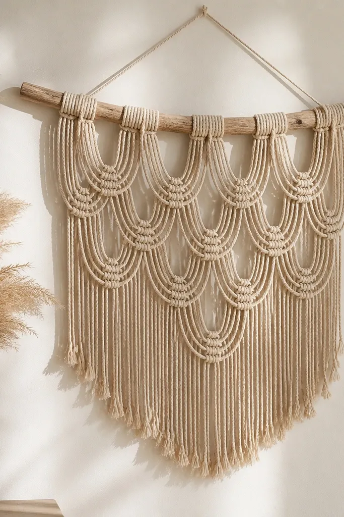 A rope wall hanging hangs from a curved wooden dowel. The design has even loops and a fringe bottom, with a warm beige rope. It looks airy and casts a soft shadow on a light wall.