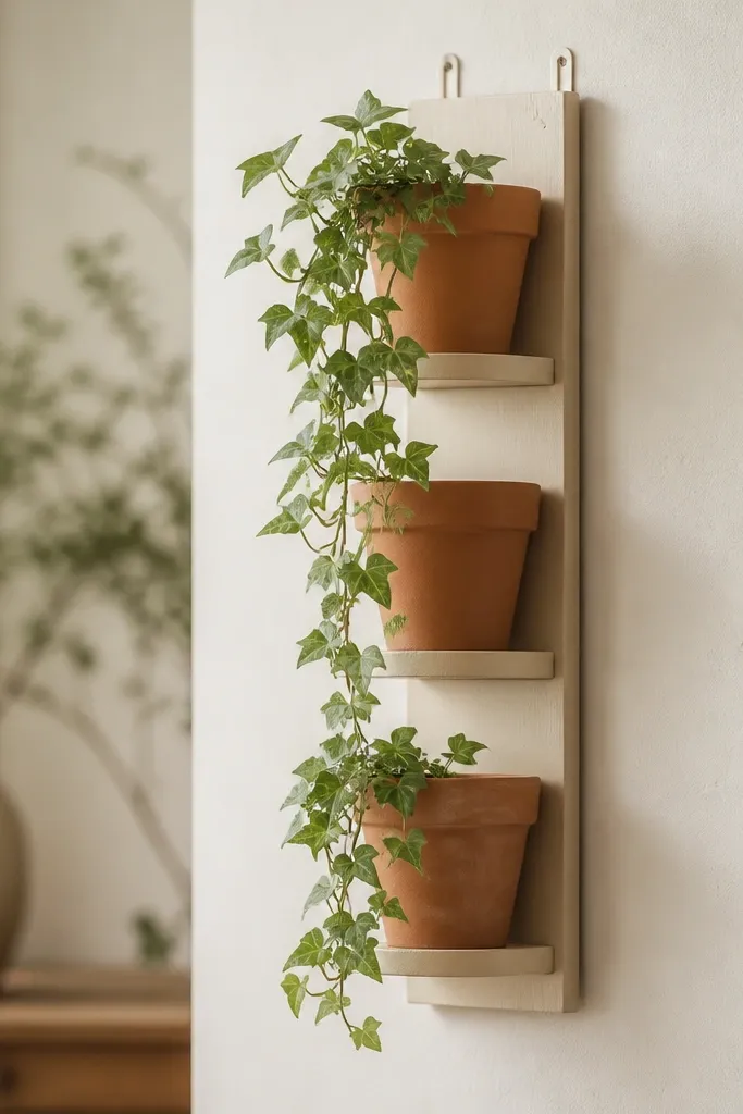 Three small terracotta pots are mounted vertically on a wooden board, painted in matte cream. A trailing plant spills down over the edge. The board is mounted to the wall with two hooks and the pots have matching saucers hidden underneath.