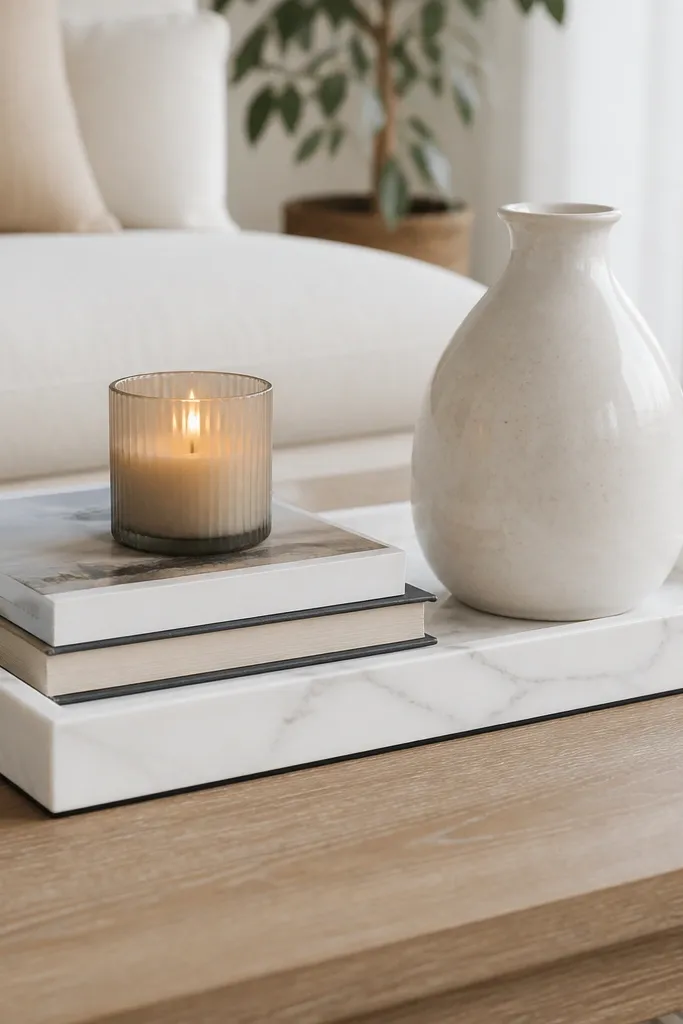 A rectangular wood tray sits on a coffee table. It has a faux marble finish: white base with thin gray veining and a subtle black shadow line around the edges. A small stack of books, a candle, and a ceramic vase sit on top.