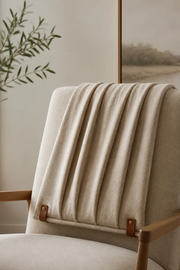 A neutral chair has a throw blanket draped over the back. The blanket hangs in clean folds, with the bottom edge tucked neatly. Small clips hold the fabric so it doesn't slide.