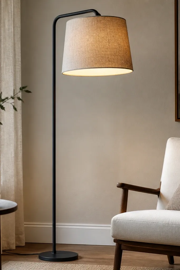 A floor lamp with a DIY shade covered in linen-look fabric. The shade has a clean white inner lining and a black cord. The lamp glows warm and the fabric texture is visible.