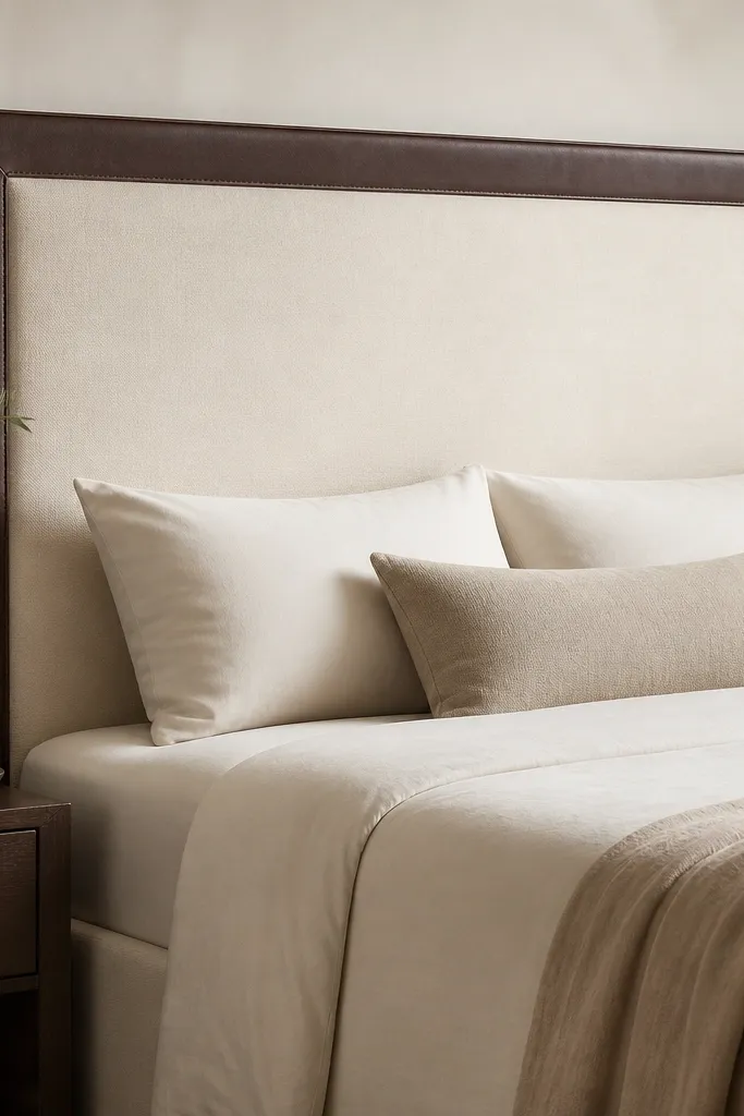 A bed headboard has a faux leather trim border in dark brown. The trim forms a clean rectangle around the center panel with a slight sheen. The bed has cream bedding and a small nightstand.