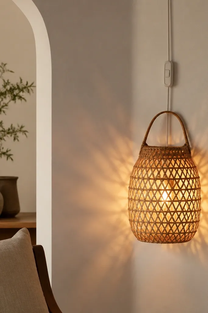 A rattan basket is mounted on a wall like a pendant. Warm light glows from inside the basket, with a plug-in cord running up neatly and a simple switch nearby. The basket has an open weave pattern.
