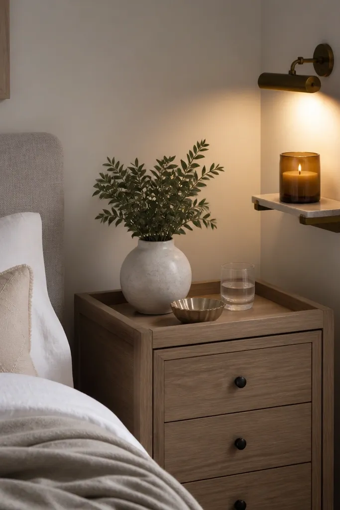 A bedside table has a DIY tray. Next to it, a small faux sconce effect is made with a wall-mounted picture light on a mini shelf, holding a candle jar. The arrangement looks balanced and not cluttered.