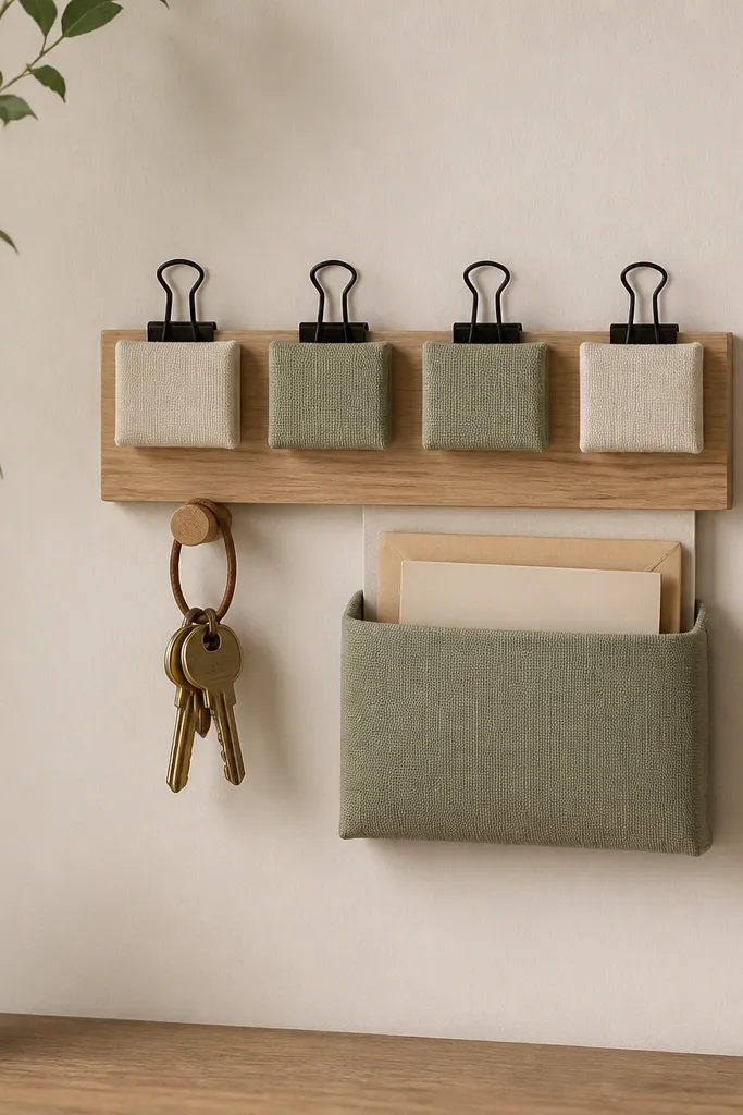 A small wall organizer uses binder clips attached to a wooden strip. The clips are covered in fabric sleeves in muted cream and sage. A key holder and a small mail pocket sit under the strip.