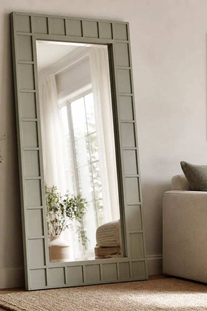A tall floor mirror has a thick frame made from painted wood slats. The frame has a simple grid pattern on the sides and a clean inner bevel. It leans against a wall beside a sofa with a woven rug underneath.