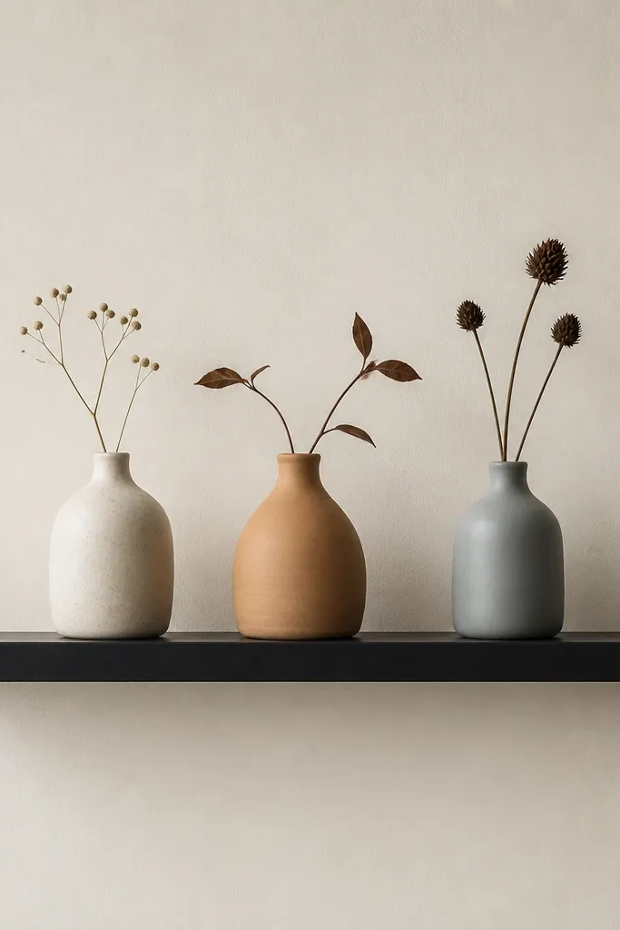 A single matte black wall shelf holds three ceramic bud vases in cream, clay, and soft gray. The bud stems look minimal and the shelf line is level. The wall behind is painted warm white.