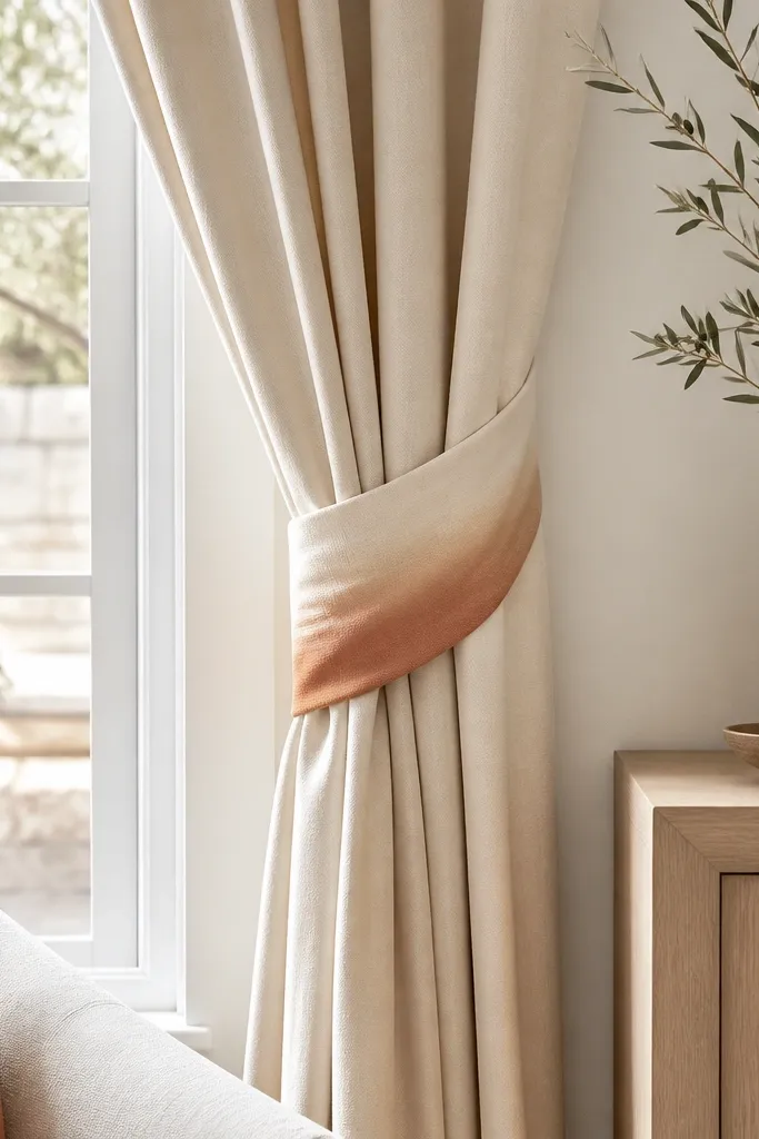 Curtains are gathered back with tie-backs. The tie-backs have an ombre effect, fading from cream to soft terracotta. The fabric looks cotton and catches light at the folds.