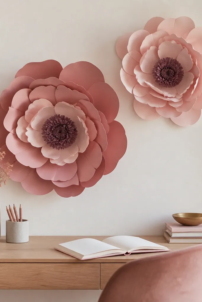 A wall behind a desk has two large paper flowers made from layered paper petals. The petals are in one muted color family, like dusty rose and blush, with one darker center. The flowers sit above a simple desk setup.