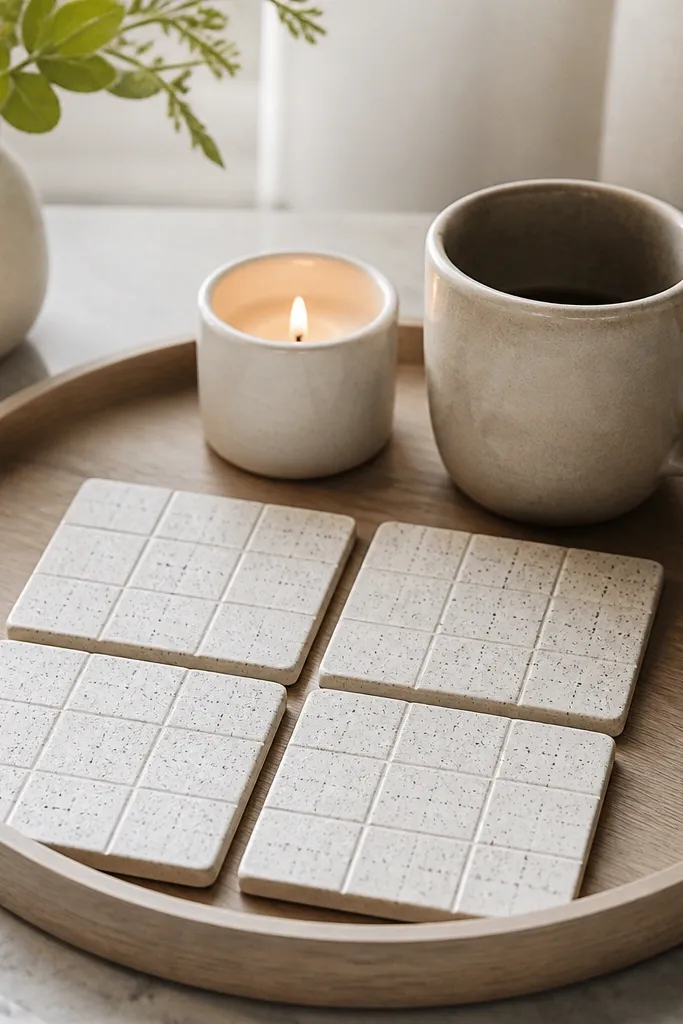 A set of four square coasters has a speckled ceramic look. Between the speckles, faux grout lines form a subtle grid. The coasters sit on a tray with a candle and a mug.