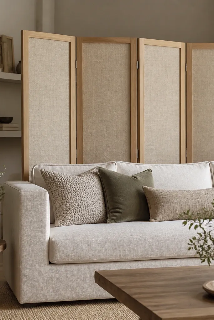 A folding room divider sits behind a sofa. Each panel has a fabric insert in warm linen-look, with a light wood frame. The divider creates a soft backdrop and hides clutter.