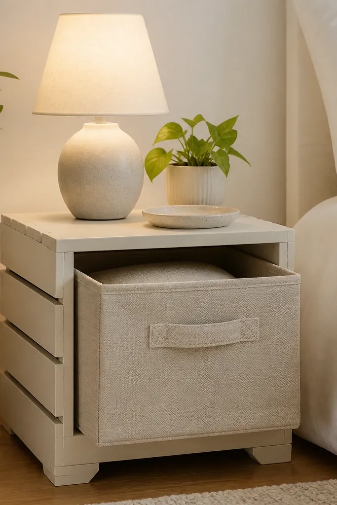 A small nightstand made from a wooden crate has been painted matte warm white. The front has a fabric drawer pulled out with a linen handle. The top holds a lamp, a small plant, and a ceramic dish.