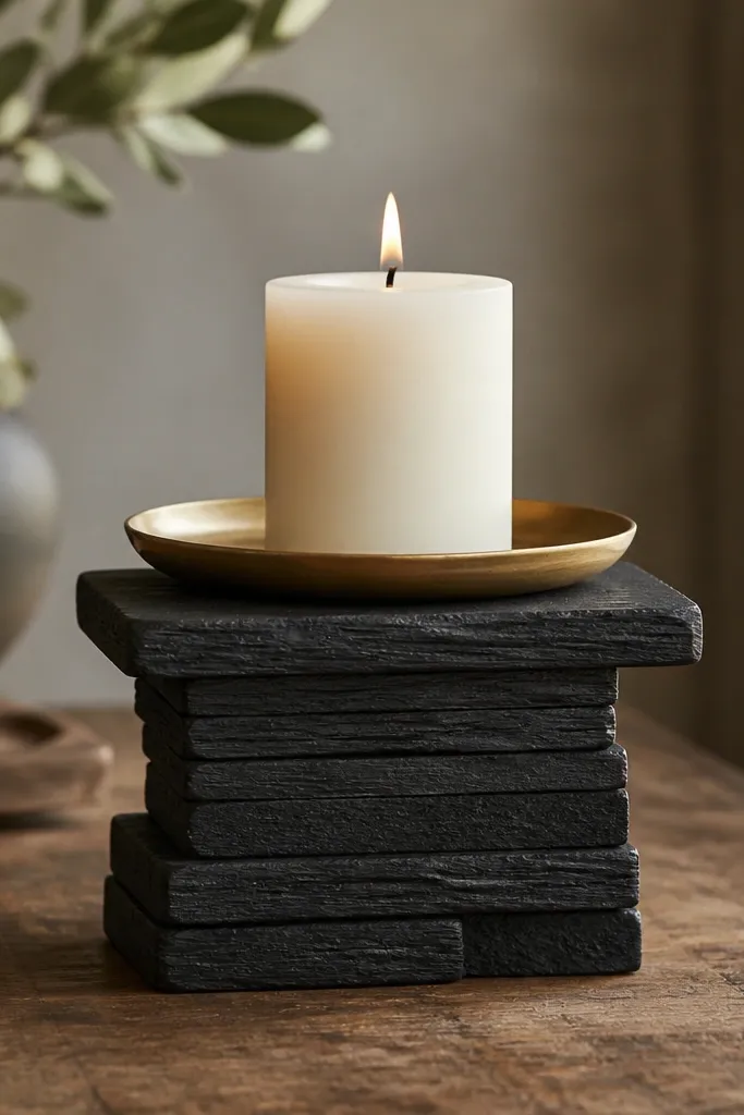 A small pedestal stand made from stacked scrap wood holds a round brass plate. A white pillar candle sits on the plate, and the wood base is painted in warm black with a smooth top.