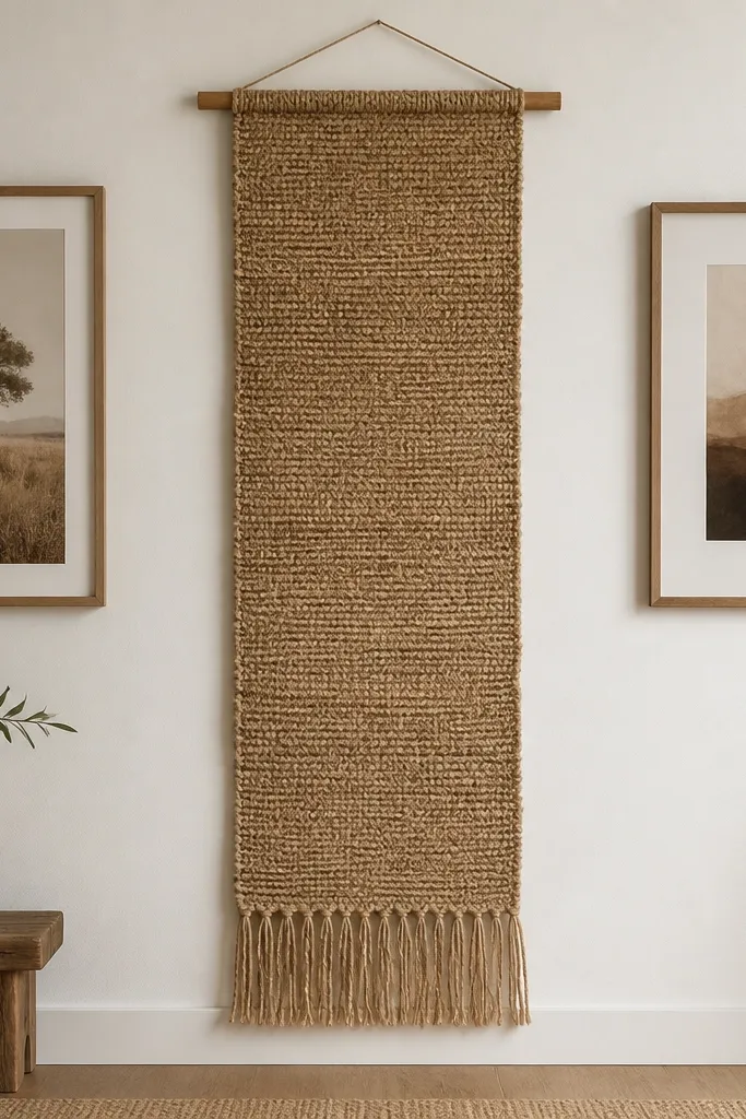A long woven jute runner hangs vertically on a wall. It has a simple wooden dowel at the top and a natural fringe at the bottom. The wall is painted warm white and the runner sits between two framed prints.