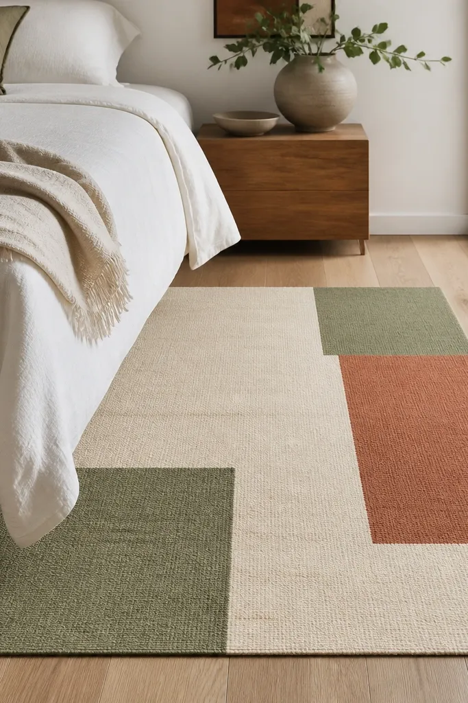 A small area rug shows clean color blocks: cream base with two muted sage and terracotta rectangles. The edges are straight, and the rug sits in front of a bed. The surface looks like a woven textile, not paint-only.