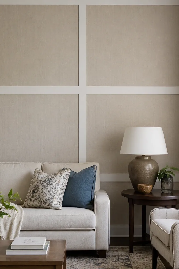 A living room wall with crisp rectangular "panel" lines made from painter's tape, then filled with a light beige fabric panel stretched behind the tape grid.