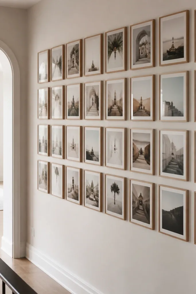 A hallway wall with a neat grid of 6x8 frames all the same size, hung in a staggered pattern using no-drill adhesive hooks.