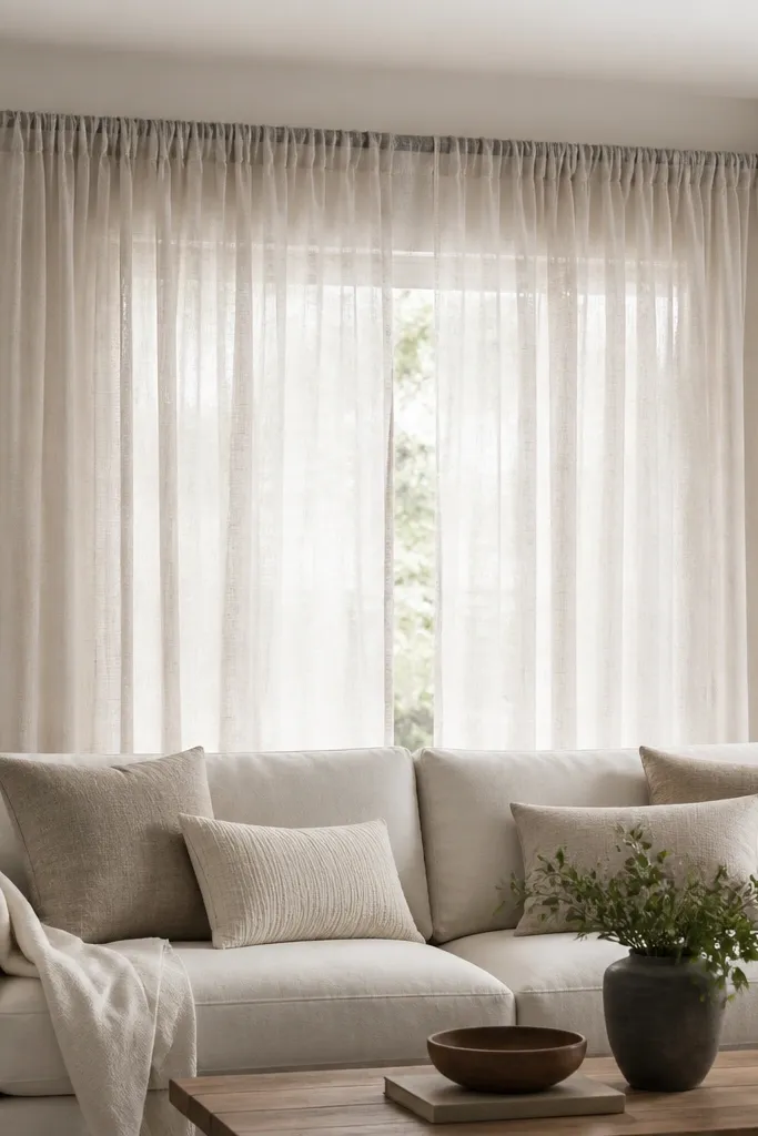 A sofa with a long sheer curtain panel above it, attached using a tension rod mounted between two shelf brackets or studs, with fabric draping in gentle folds.