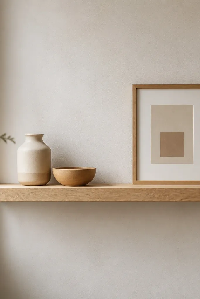 A floating shelf made from pale oak boards, with small L-brackets concealed behind the shelf and a minimal set of decor on top.