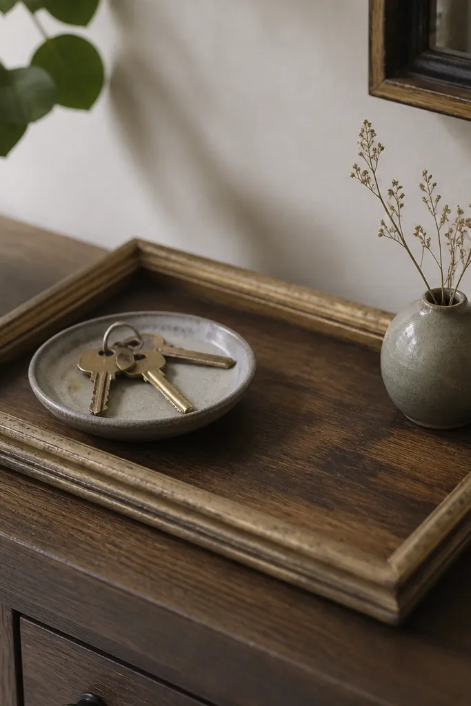 A shallow tray made from an old picture frame, with a stained wood base and a small raised lip, sitting on a console table with keys in a dish.