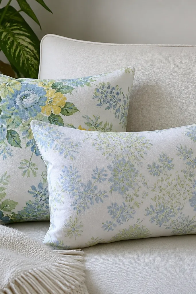 Two throw pillows with covers made from patterned vintage sheet fabric, each with a neat invisible zipper at the side seam.