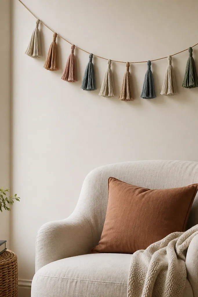 A garland made from small tassels cut from muted t-shirts, hung above a reading chair with a string line and evenly spaced knots.