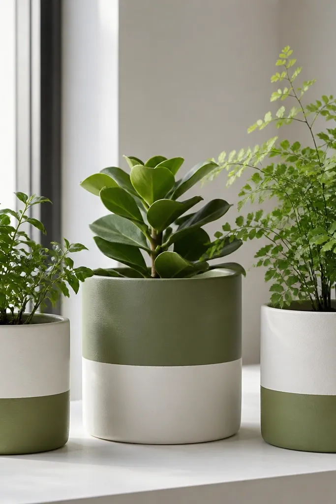 Three terracotta pots painted with clean two-tone block stripes, matte white and muted olive, with plants inside on a windowsill.