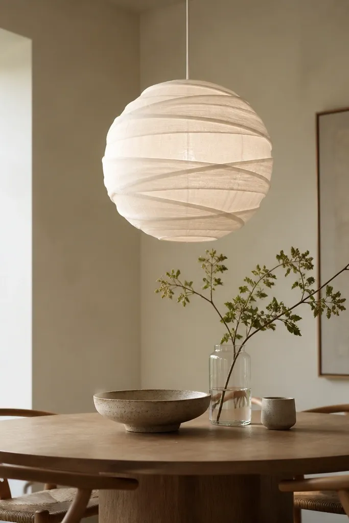 A pendant light shade made from a white paper lantern wrapped with thin fabric strips, hanging above a small dining area.