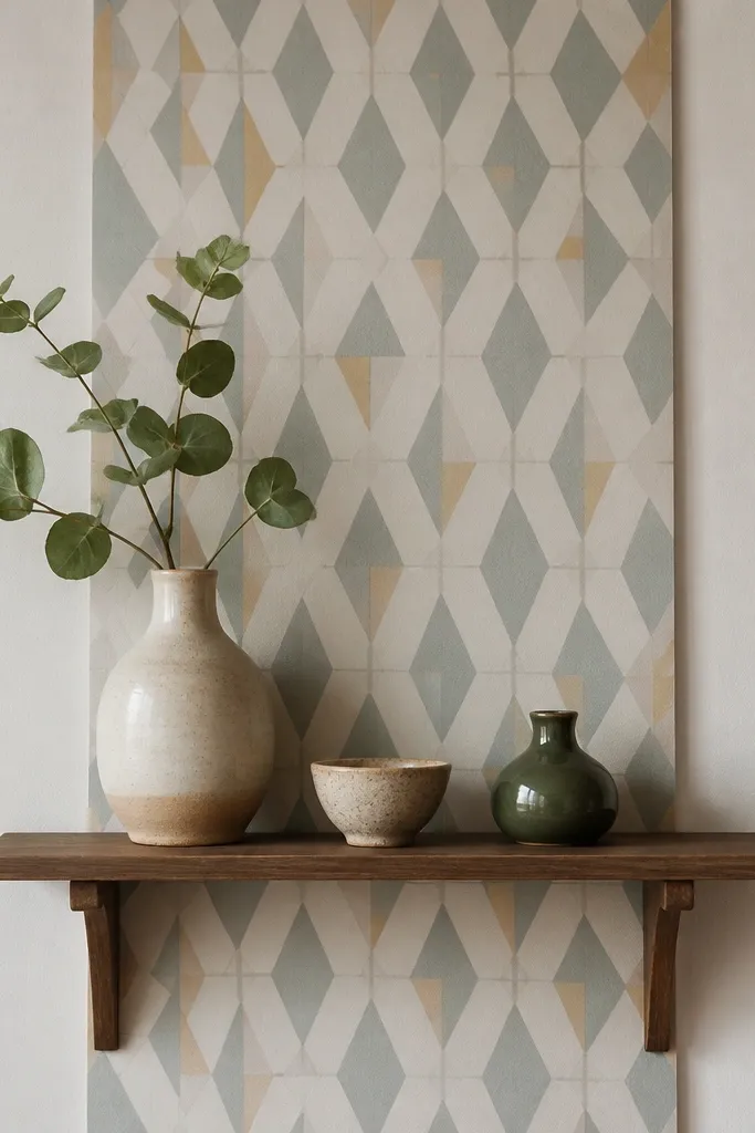 A small shelf with a wallpaper remnant panel behind it, showing a repeating geometric pattern in muted tones.