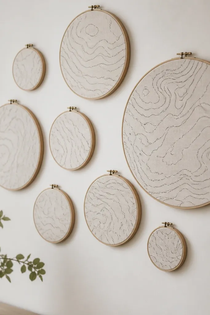 A set of embroidery hoops mounted on a wall, each holding fabric with hand-drawn linework like contour maps.