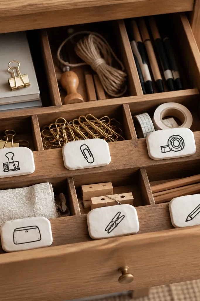 A desk drawer with small homemade labels shaped from salt dough, painted white with black handwritten text.