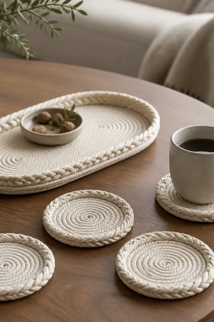 A set of round rope coasters with a braided edge and a matching oval tray, all on a wooden coffee table.