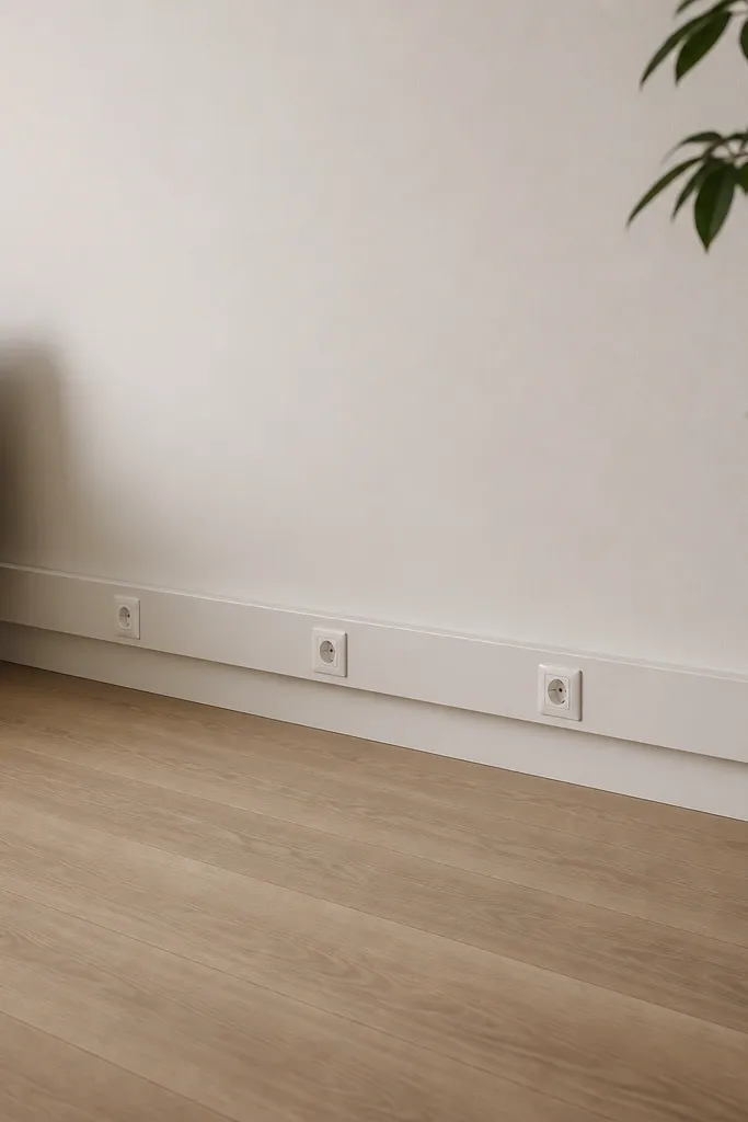 A white cable cover painted to match the wall, running along the baseboard with a neat line of outlets.