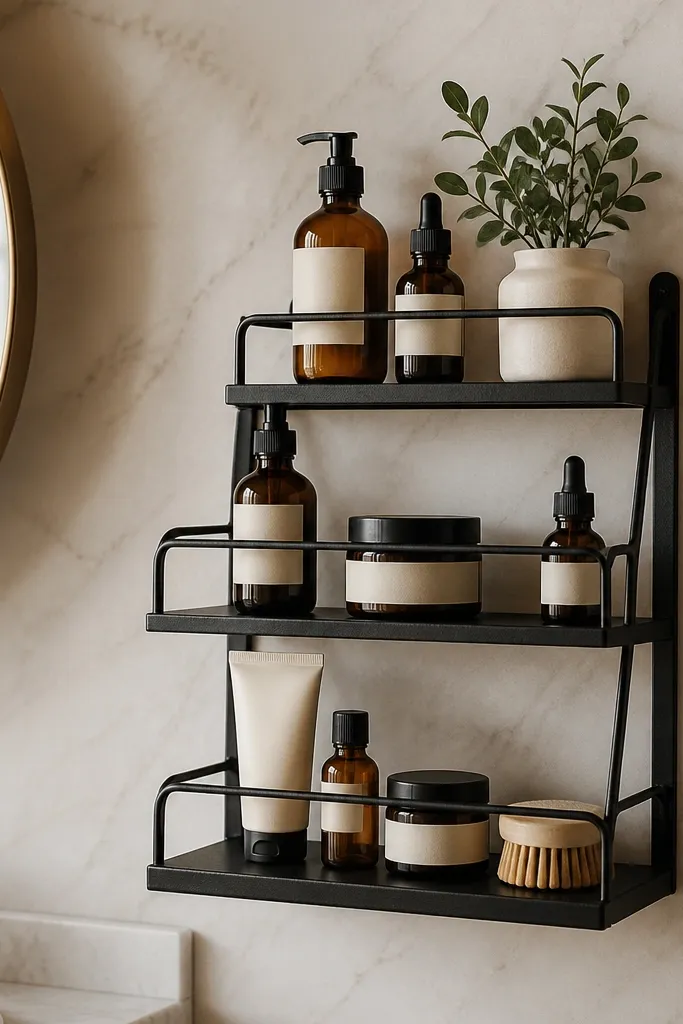 A small tiered shelf holding neatly arranged bottles and jars in a bathroom, mounted on the wall with a simple organizer rack.