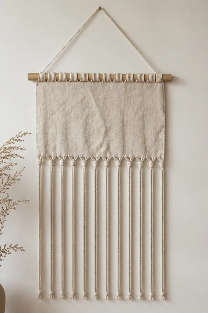 A wall hanging with a light linen fabric strip attached to a wooden dowel, with knotted strings hanging down in even lengths.