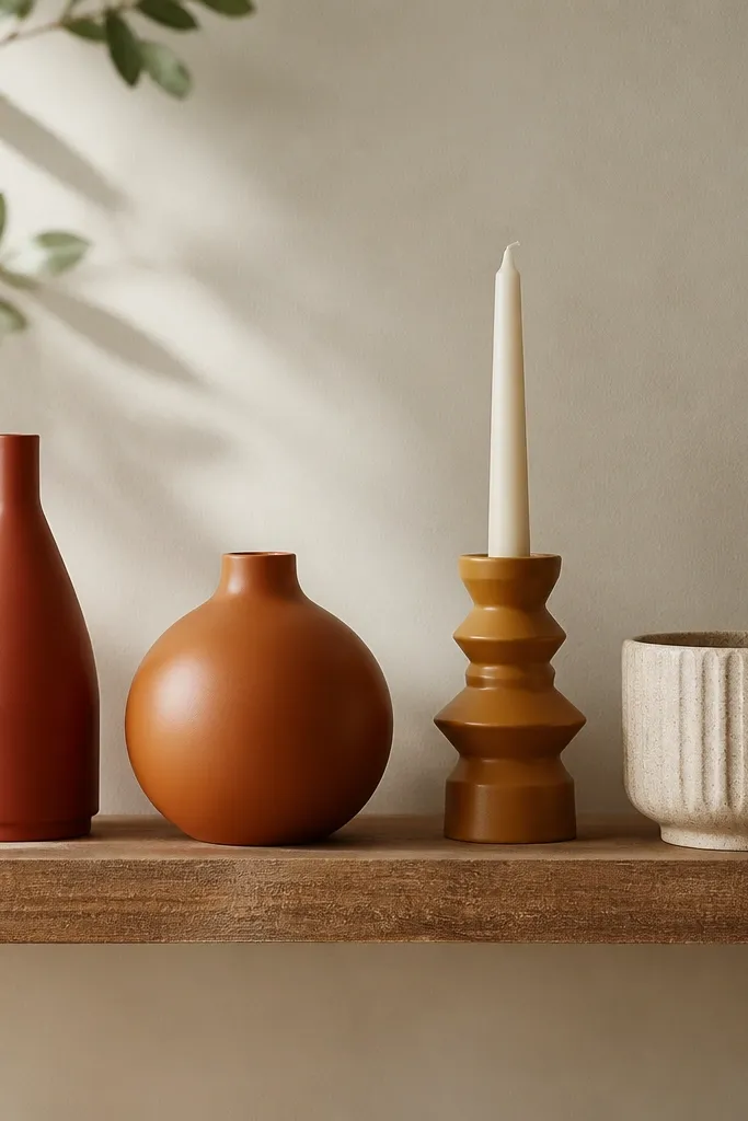 A shelf with decor grouped by color: three objects in warm tones plus one textured ceramic piece, arranged with consistent spacing.
