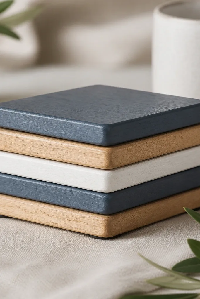 Square wood coasters painted in alternating colors, stacked neatly, with felt pads on the bottom edges.