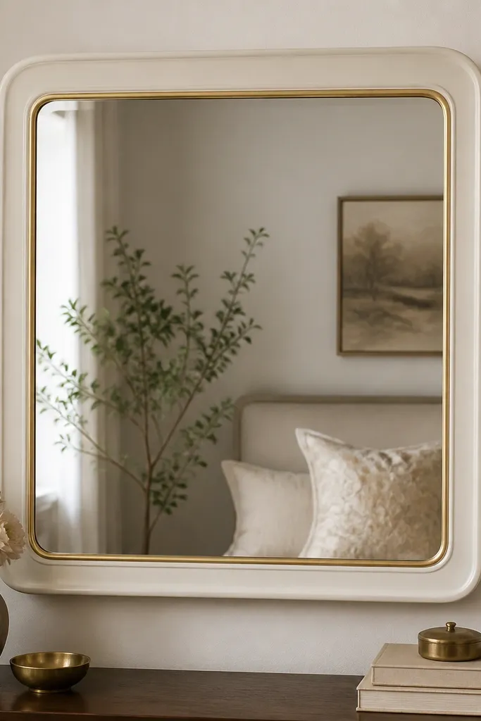 A mirror with an old thrift frame, upgraded with a thin peel-and-stick trim border in gold tone and a clean matte paint coat.