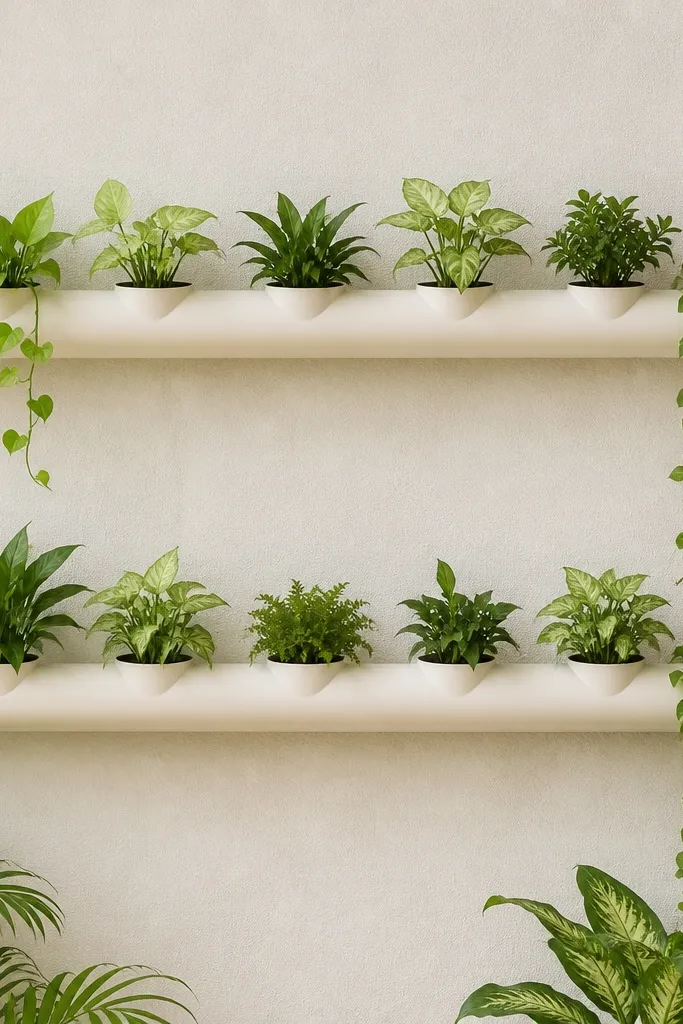 A vertical wall setup with two horizontal PVC rails holding small planters, with plants spaced evenly and trailing vines.