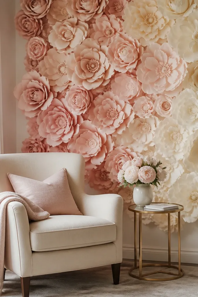 A corner with an ombre paper flower backdrop in blush to cream, behind a reading chair and small side table.
