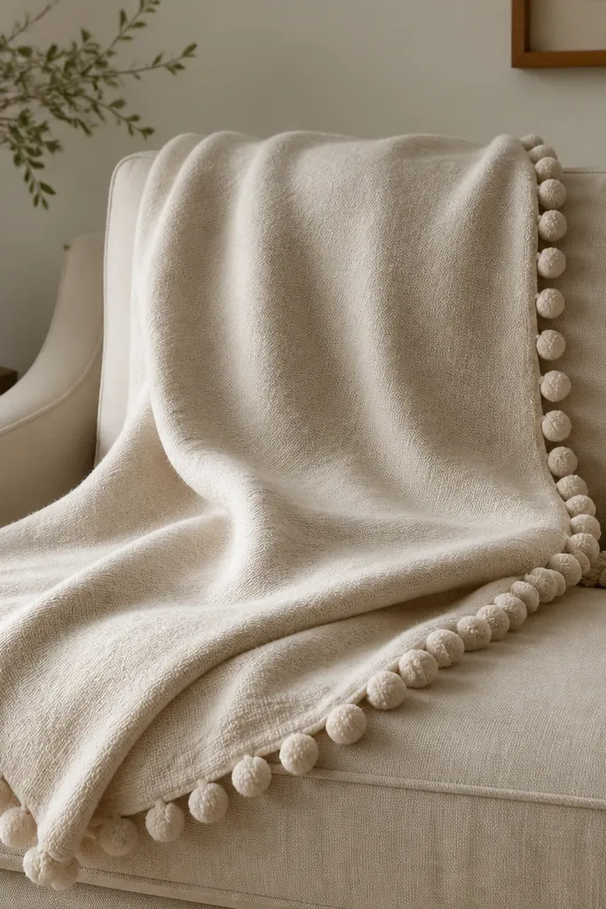 A plain neutral throw blanket with a pom-pom trim sewn along two edges, laid on a couch with the trim visible.