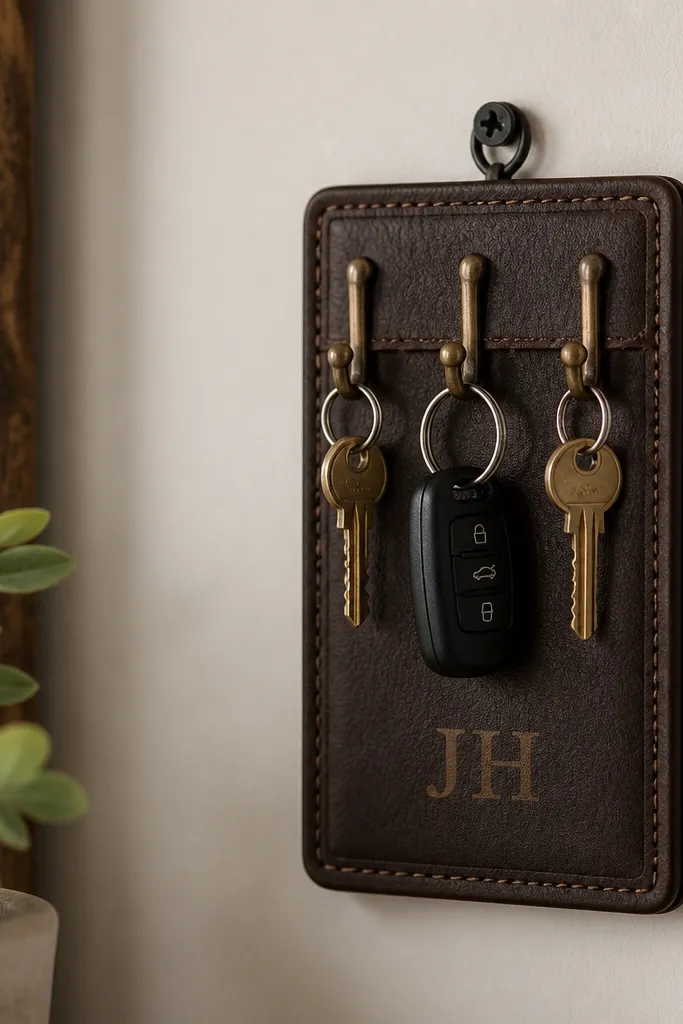 A small vertical key holder made from dark brown faux leather vinyl. Three hooks sit across the top, and his initials are stamped in lighter tan vinyl on the center panel. The edges are neatly burnished and the piece hangs from a single black screw eye.