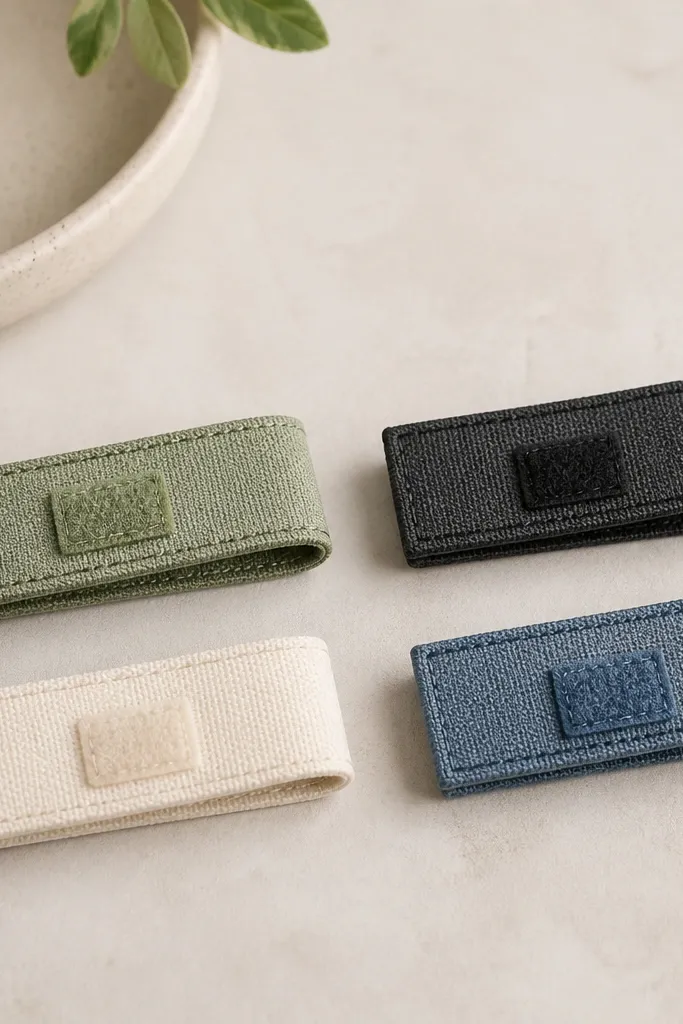 A set of four fabric cord wraps laid flat on a neutral desk. Each wrap is made from different solid colors: sage green, charcoal, cream, and muted blue. A small Velcro patch sits on the front of each, and the wraps are neatly stitched with visible topstitching.