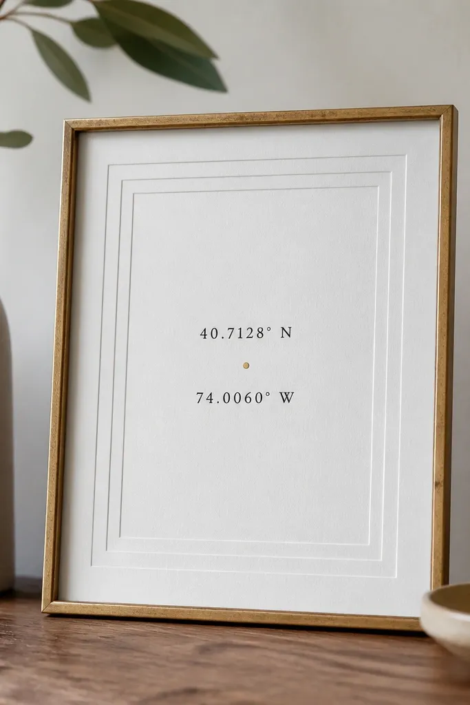 A small 8x10 frame holding a minimalist paper print. Thin white paper layers create a stepped edge around the coordinates text. The coordinates are in dark ink, with a tiny gold dot marking the location.