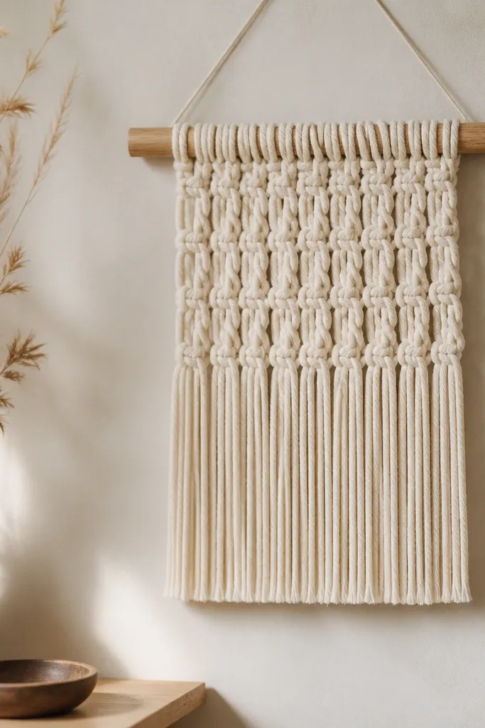 A small wall hanging with chunky cream yarn strands woven in a simple knot pattern. A light oak wooden dowel spans the top, and the yarn forms a soft fringe curtain. The bottom ends look evenly trimmed.